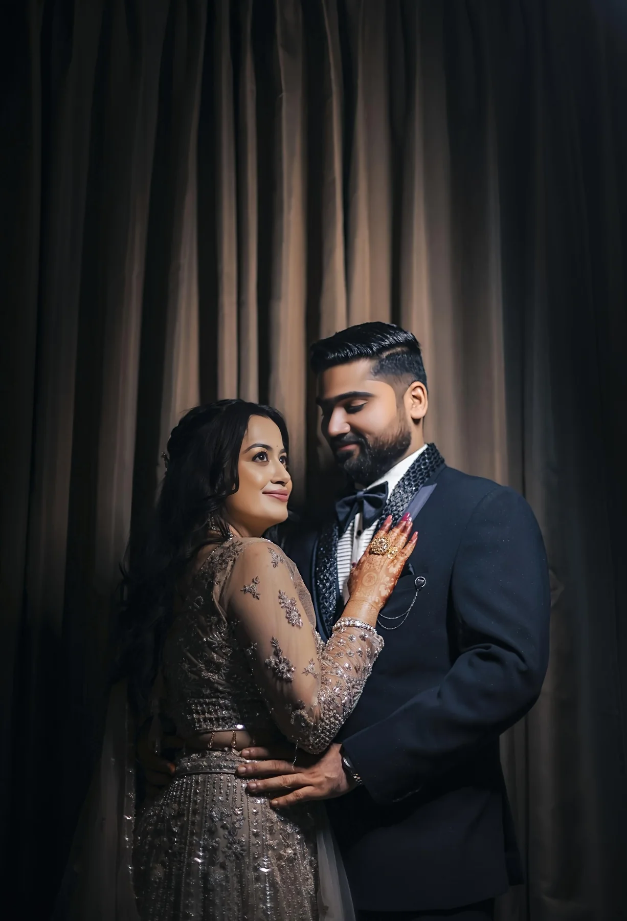 Close romantic bride and groom portrait