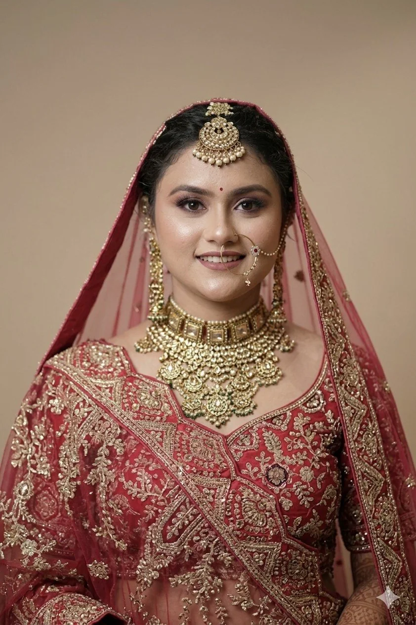 Editorial close-up portrait of a smiling Indian bride