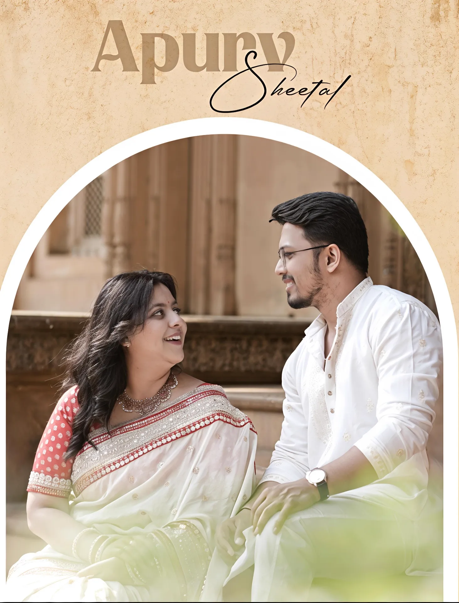 Editorial pre-wedding portrait with Apurv & Sheetal title overlay