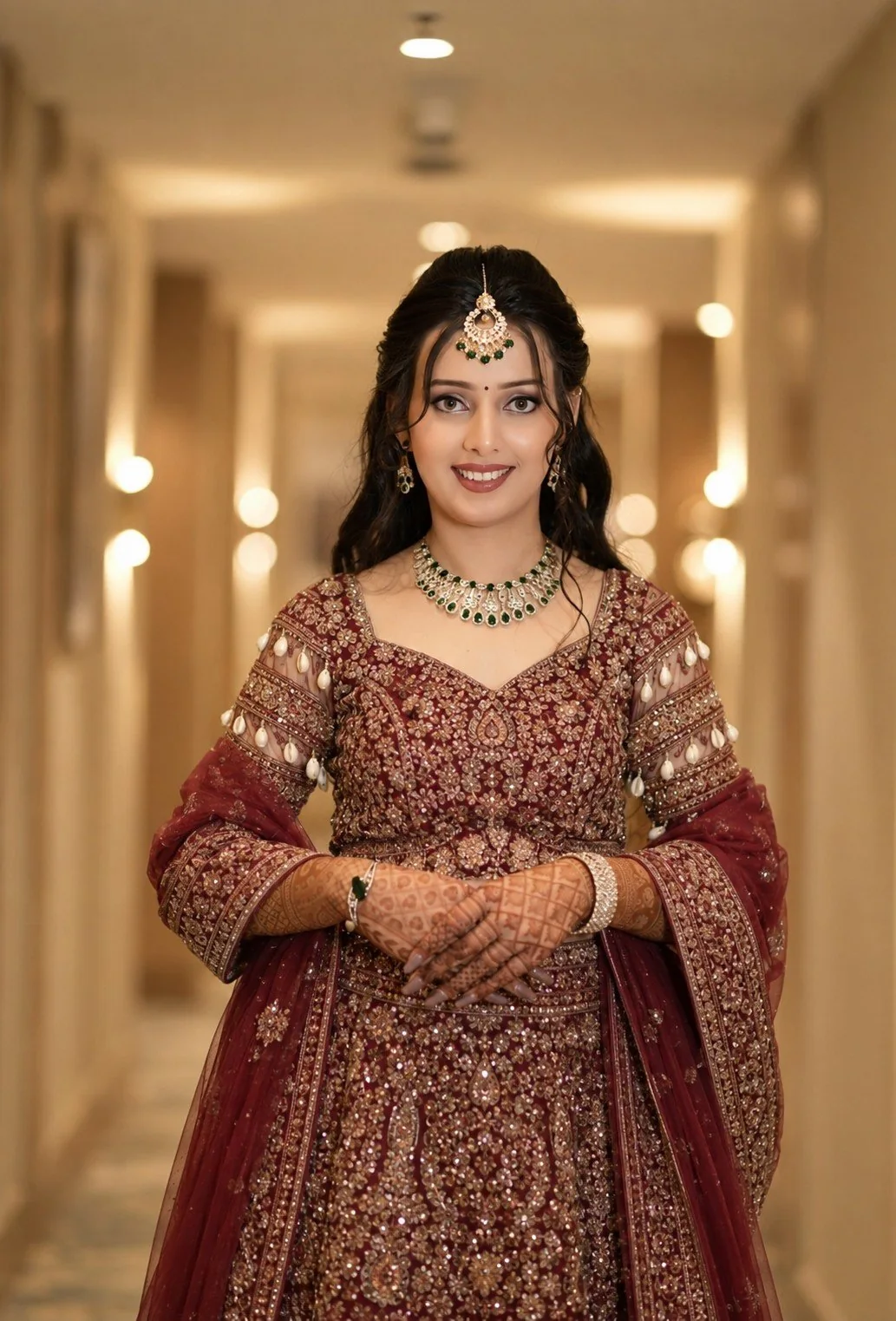 Bridal portrait in maroon lehenga with traditional jewellery