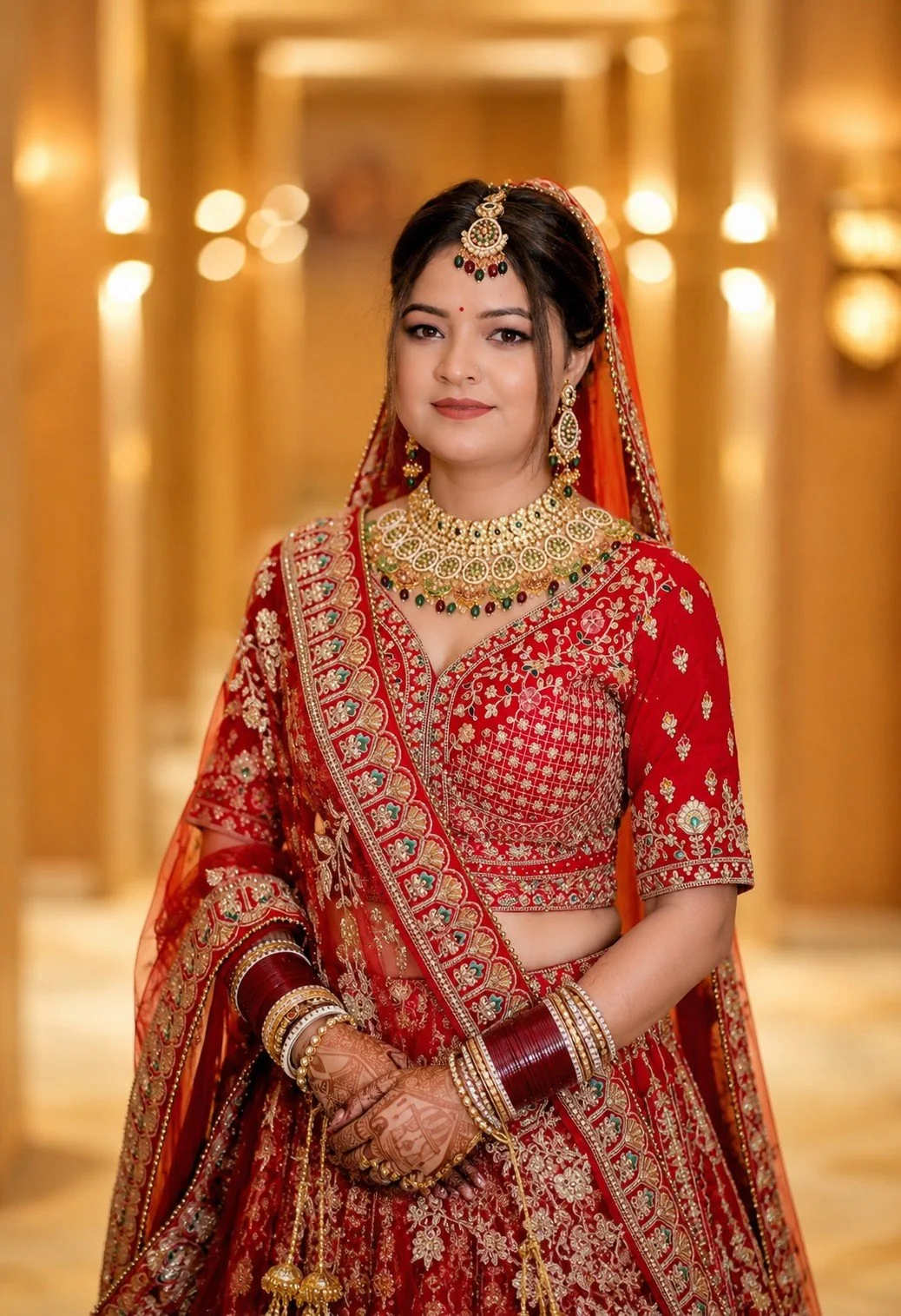 Warm close-up portrait of a bride in red lehenga